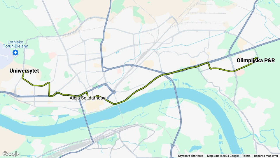 Toruń sporvognslinje 1: Uniwersytet - Olimpijska P&R linjekort