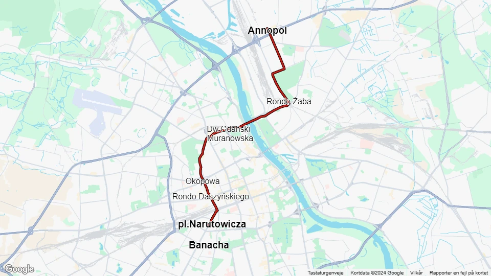 Warszawa sporvognslinje 1: Annopol - pl.Narutowicza linjekort