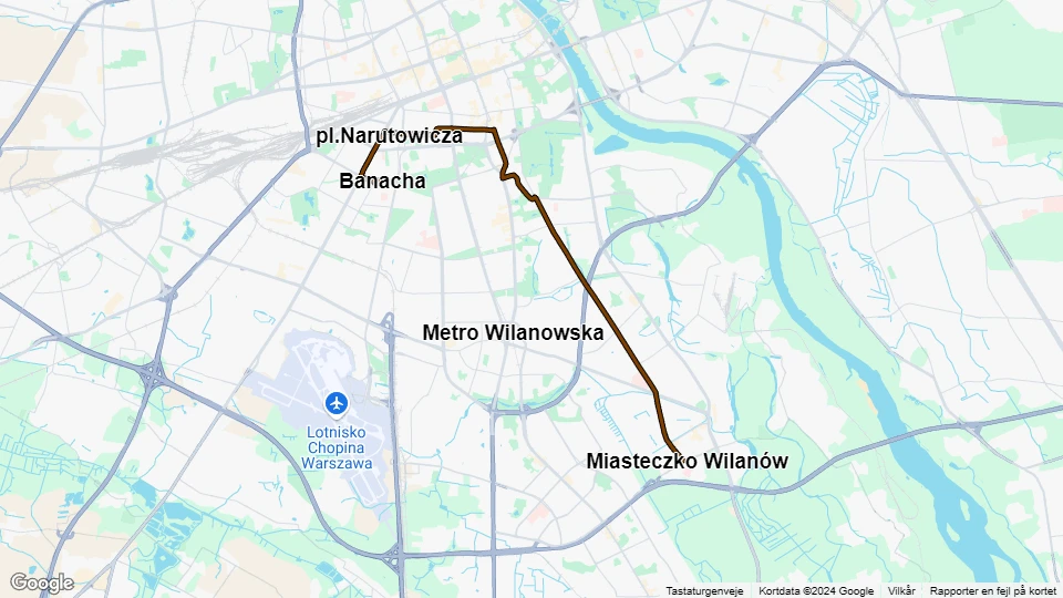 Warszawa sporvognslinje 14: Banacha - Miasteczko Wilanów linjekort