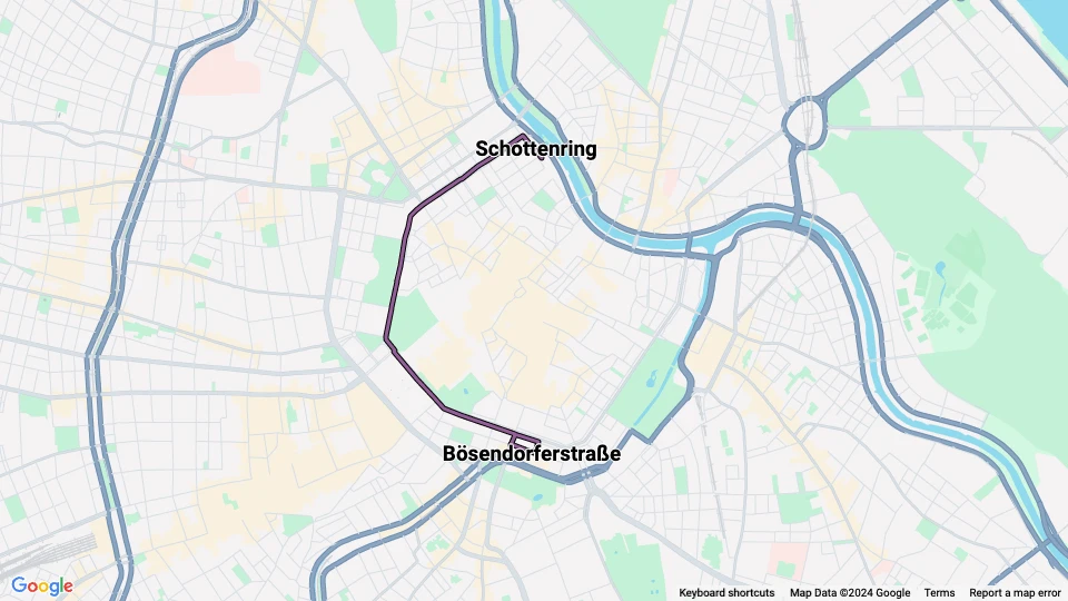 Wien natlinje U2Z: Schottenring - Bösendorferstraße linjekort