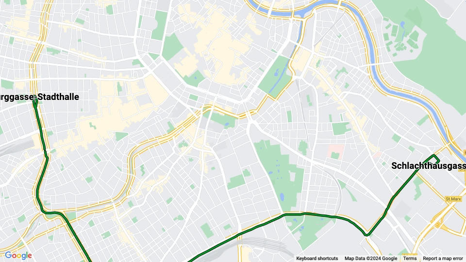 Wien sporvognslinje 18: Burggasse-Stadthalle - Schlachthausgasse linjekort