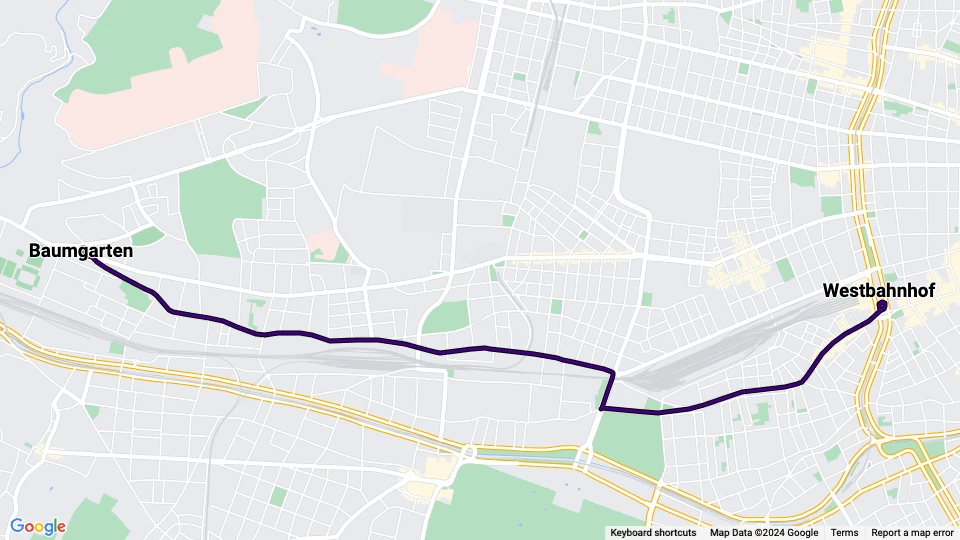 Wien sporvognslinje 52: Westbahnhof - Baumgarten linjekort