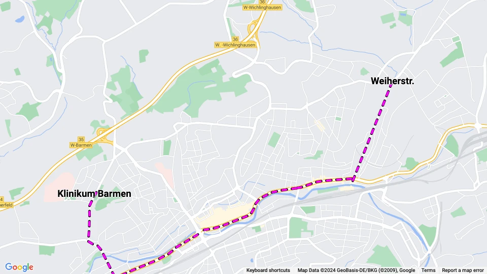 Wuppertal sporvognslinje 602: Klinikum Barmen - Weiherstr. linjekort