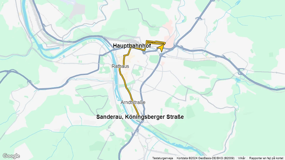 Würzburg ekstralinje 1: Sanderau, Köningsberger Straße - Grombühl / Uni-Kliniken linjekort