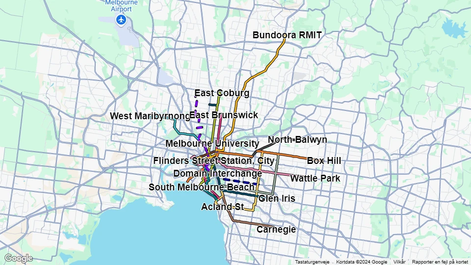 Yarra Trams i Melbourne linjekort