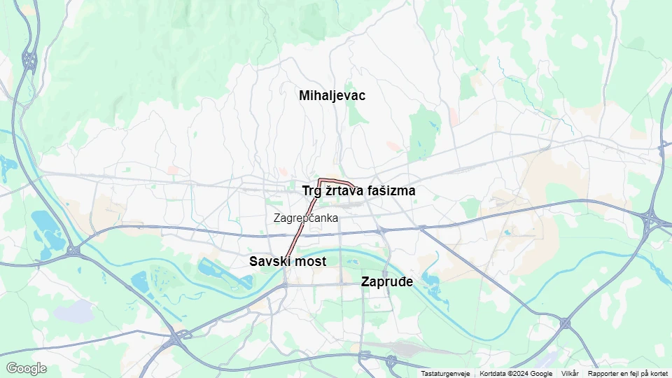 Zagreb sporvognslinje 14: Savski most - Trg žrtava fašizma linjekort