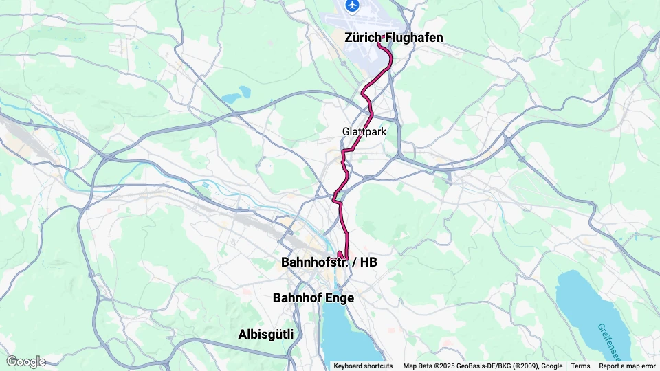 Zürich regionallinje 10: Bahnhofplatz/HB - Zürich Flughafen linjekort