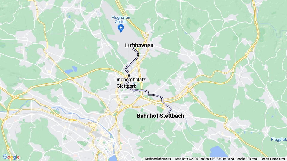 Zürich regionallinje 12: Bahnhof Stettbach - Lufthavnen linjekort