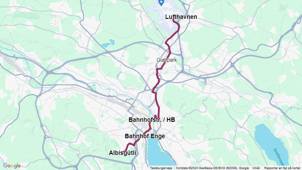 Zürich sporvognslinje 10: Albisgütli - Lufthavnen linjekort