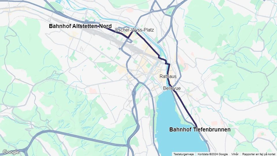 Zürich sporvognslinje 4: Bahnhof Tiefenbrunnen - Bahnhof Altstetten Nord linjekort