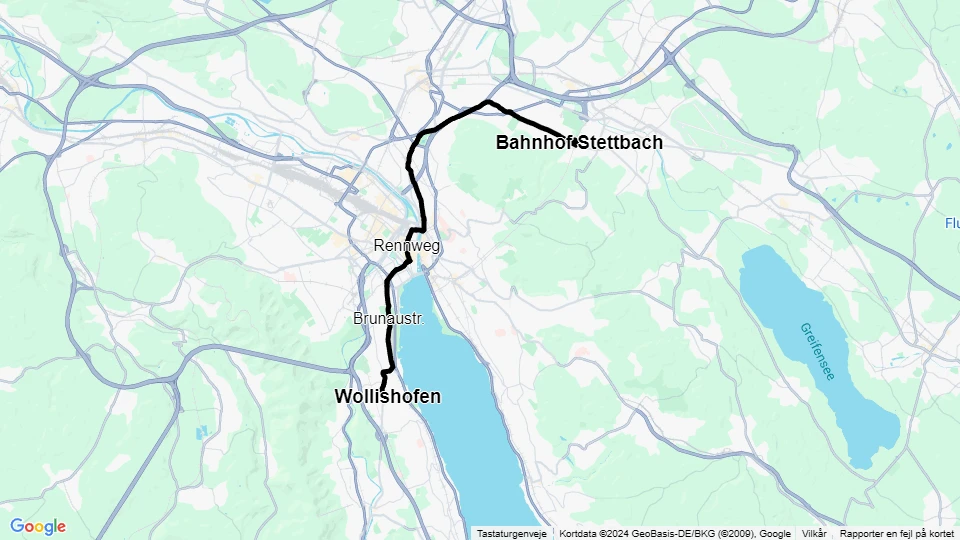 Zürich sporvognslinje 7: Bahnhof Stettbach - Wollishofen linjekort